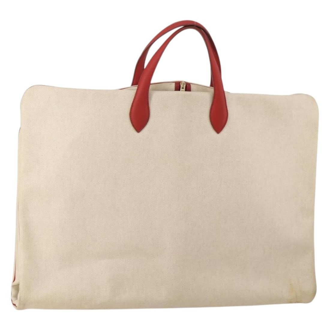 Hermes Canvas Garment Cover Beige Gold with Dust Bag: Hermes Canvas Garment Cover Beige Gold with Dust Bag Hermes garment cover in beige and gold canvas with leather trim. Made in France, this piece includes a dust bag. Condition is heavily used, with ru