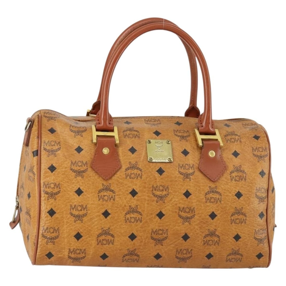 MCM Logogram Boston Bag PVC Leather Brown Gold Auth 153065 Germany: MCM Logogram Boston Bag PVC Leather Brown Gold Auth 153065 Germany This MCM Logogram Vicetos Boston Bag is an elegant accessory made from durable PVC leather in a sophisticated brown and gold color sc