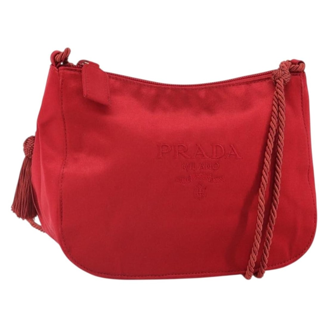 Prada Red Gold Satin Women Shoulder Bag Italy 22 inch Strap: Prada Red Gold Satin Women Shoulder Bag Italy 22 inch Strap This PRADA shoulder bag is crafted from red and gold satin, offering a striking and elegant look. Made in Italy, it features a compact desig