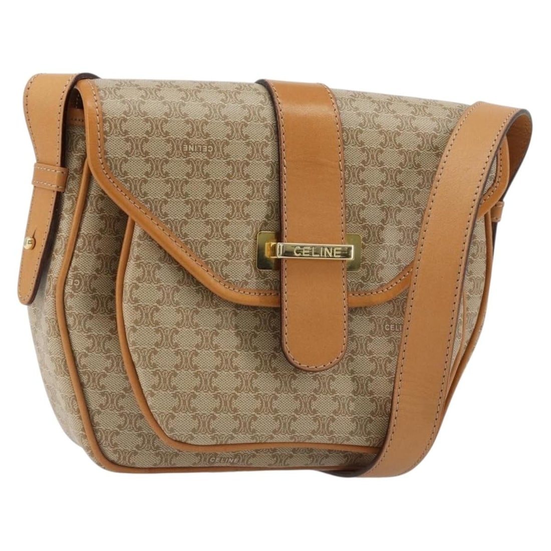CELINE Macadam Canvas Beige Gold Shoulder Bag PVC Leather Italy: CELINE Macadam Canvas Beige Gold Shoulder Bag PVC Leather Italy This CELINE Macadam shoulder bag is crafted from beige and gold PVC leather and features the brand's iconic canvas design. Made in Italy