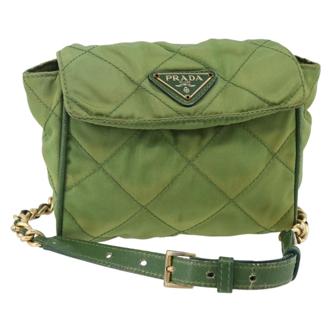 Prada Nylon Shoulder Bag Green with Gold Tone Chain: Prada Nylon Shoulder Bag Green with Gold Tone Chain Prada chain shoulder bag in green nylon with gold-tone accents. Made in Italy, it measures approximately 15 cm W x 12 cm H x 4 cm D, with a shoulder