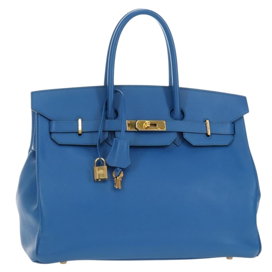 Hermes Birkin 35 Blue Leather Handbag Gold Tone with Dust Bags: Hermes Birkin 35 Blue Leather Handbag Gold Tone with Dust Bags Hermes Birkin 35 hand bag in leather with a blue and gold color combination. This women's bag was made in France and has been repainted. 