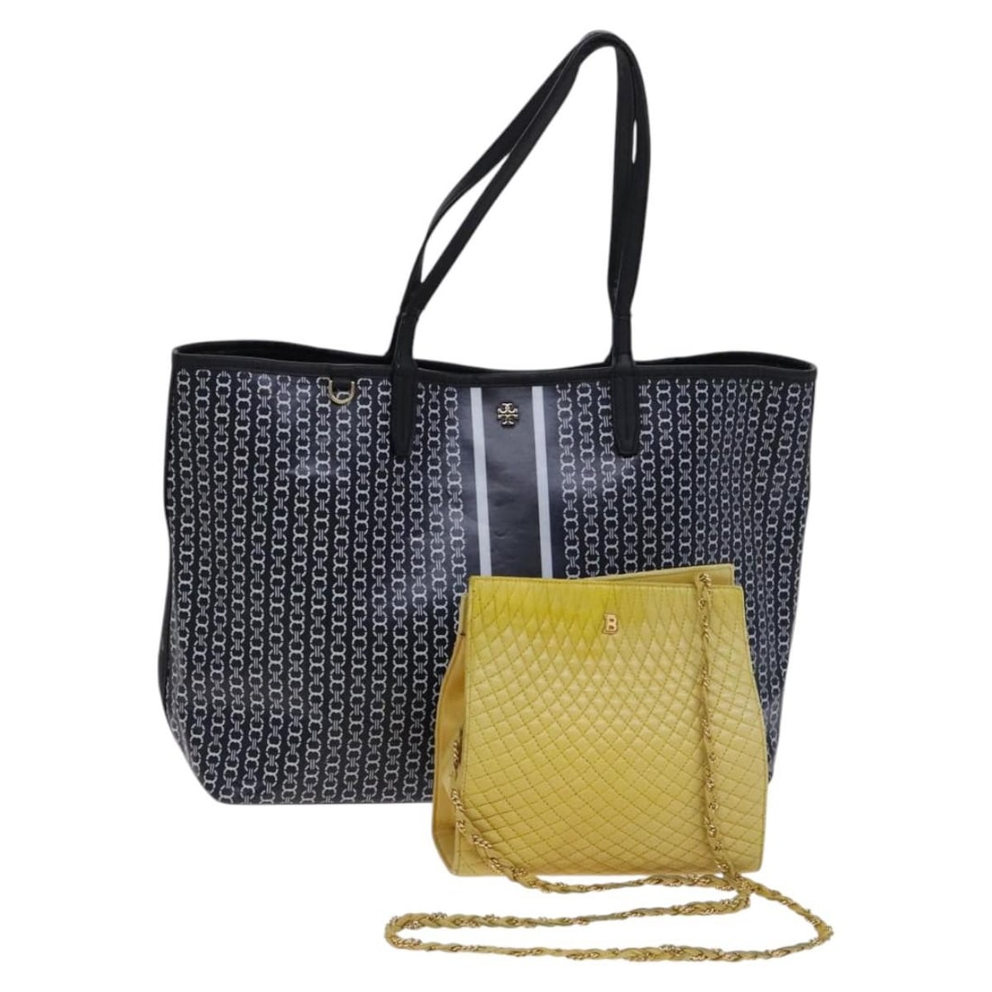 Tory Burch PVC Leather Black Yellow Tote Bag Set of 2: Tory Burch PVC Leather Black Yellow Tote Bag Set of 2 This TORY BURCH Bally tote bag set is crafted from PVC leather and features a striking black and yellow color combination. Designed for women, the