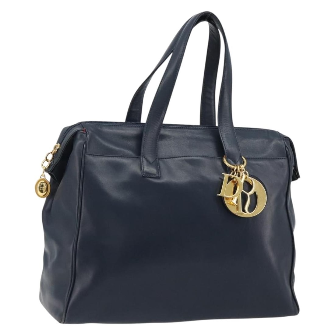 Navy Leather Christian Dior Hand Bag Gold Tone Italy: Navy Leather Christian Dior Hand Bag Gold Tone Italy Christian Dior leather hand bag in navy and gold, made in Italy. The bag measures approximately 34 cm wide, 25 cm high, and 11 cm deep, with a hand