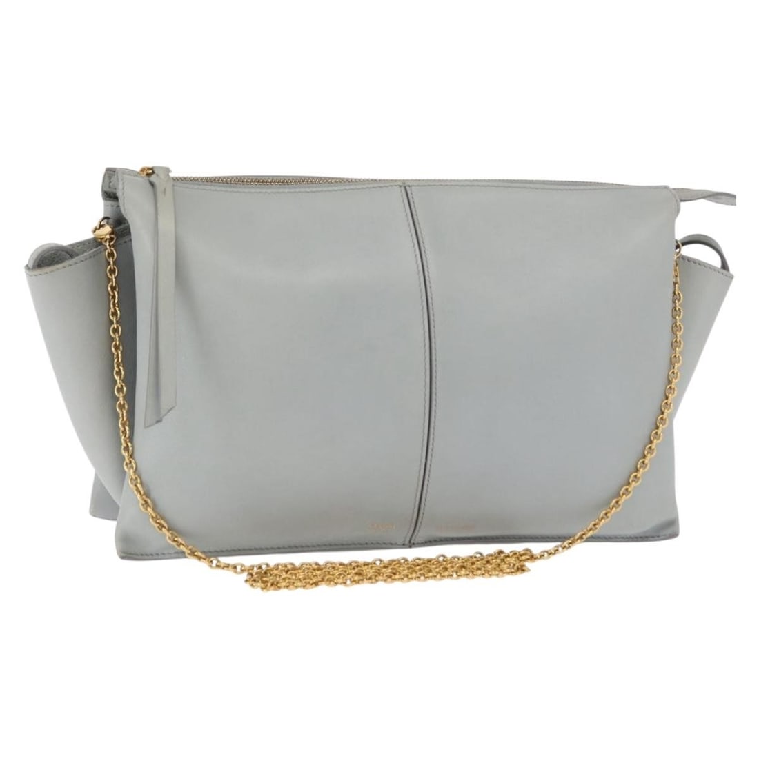 CELINE Trifold Leather Shoulder Bag Gray with Gold Chain: CELINE Trifold Leather Shoulder Bag Gray with Gold Chain CELINE chain trifold shoulder bag in leather with a gray and gold colorway. Made in Italy, this women's shoulder bag measures approximately 28 