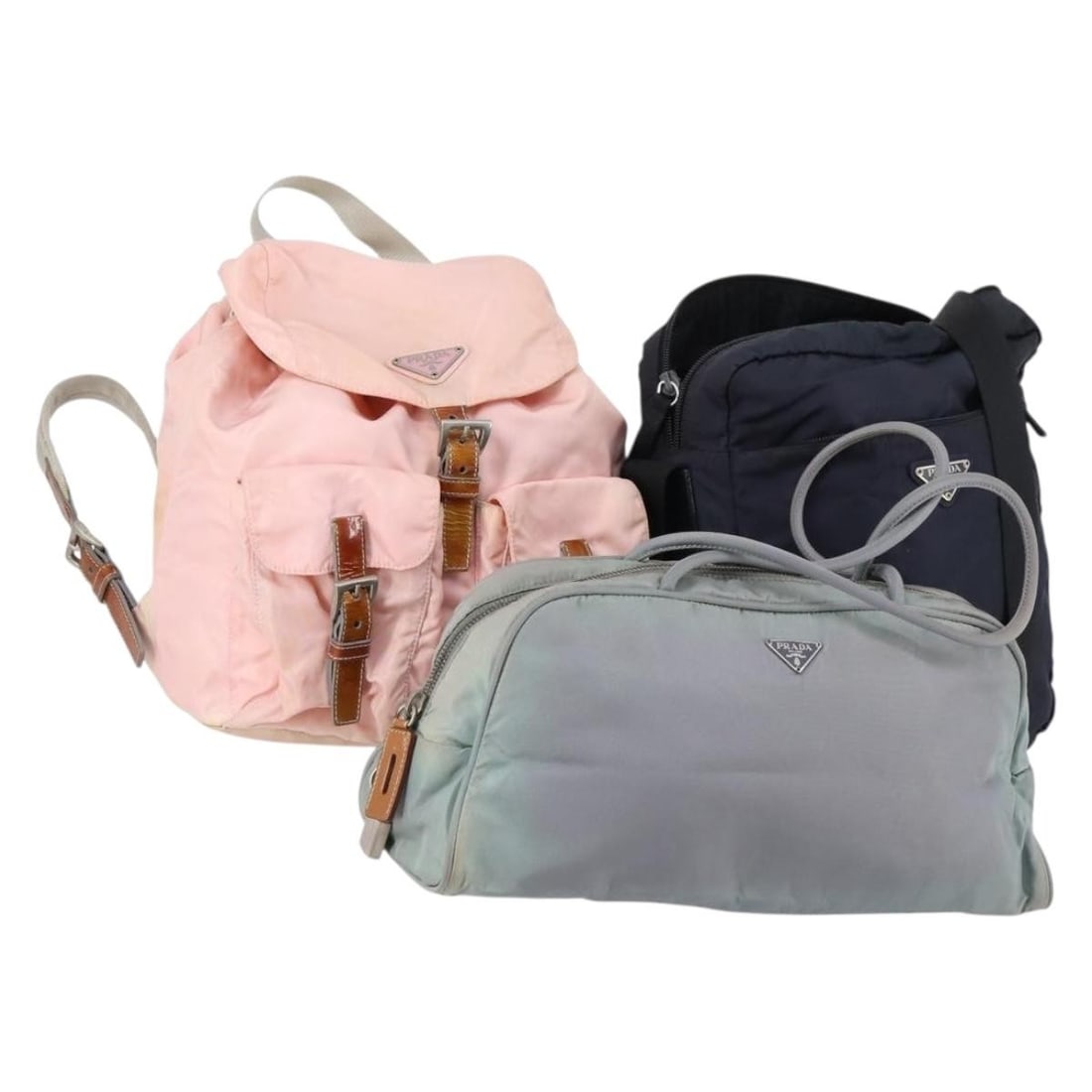 PRADA Auth Nylon Shoulder Bag 3 Set Navy Pink Gray: PRADA Auth Nylon Shoulder Bag 3 Set Navy Pink Gray This authentic PRADA shoulder bag showcases a stylish mix of navy, pink, and gray nylon, perfect for adding a touch of luxury to your everyday look. 