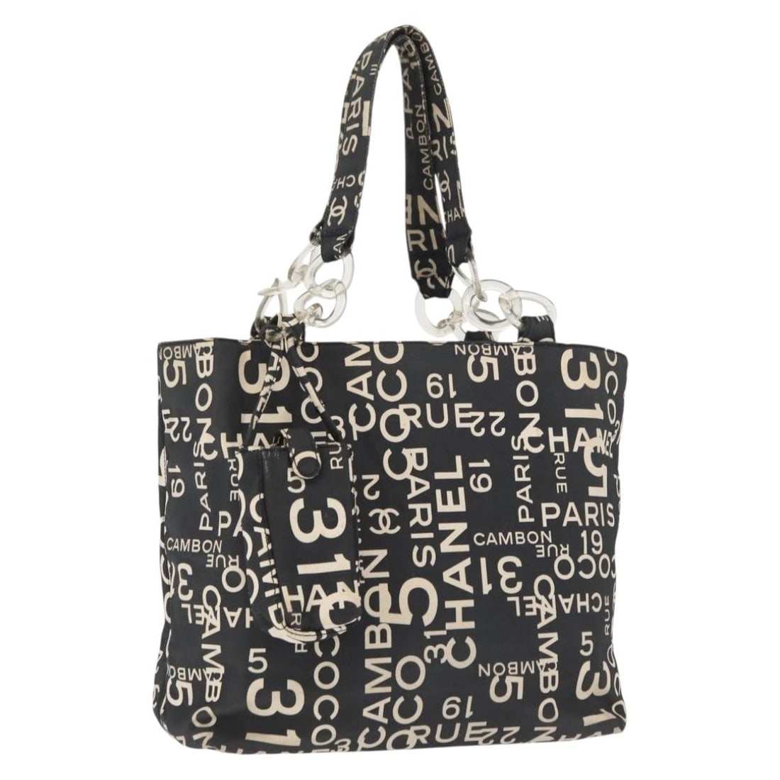 CHANEL By Sea Line Canvas Tote with Pouch Black Silver: CHANEL By Sea Line Canvas Tote with Pouch Black Silver Chanel By Sea Line tote bag in black and silver canvas, made in Italy. It comes with a pouch and features a tote bag style with a structured size