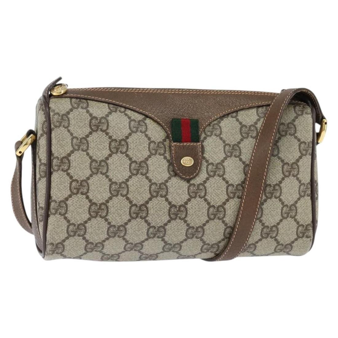 GUCCI GG Supreme Sherry Line Beige Gold Shoulder Bag PVC Italy Auth 89 02 018: GUCCI GG Supreme Sherry Line Beige Gold Shoulder Bag PVC Italy Auth 89 02 018 Introducing the GUCCI GG Supreme Web Sherry Line Bag, a stylish shoulder bag crafted from durable PVC leather in a sophist