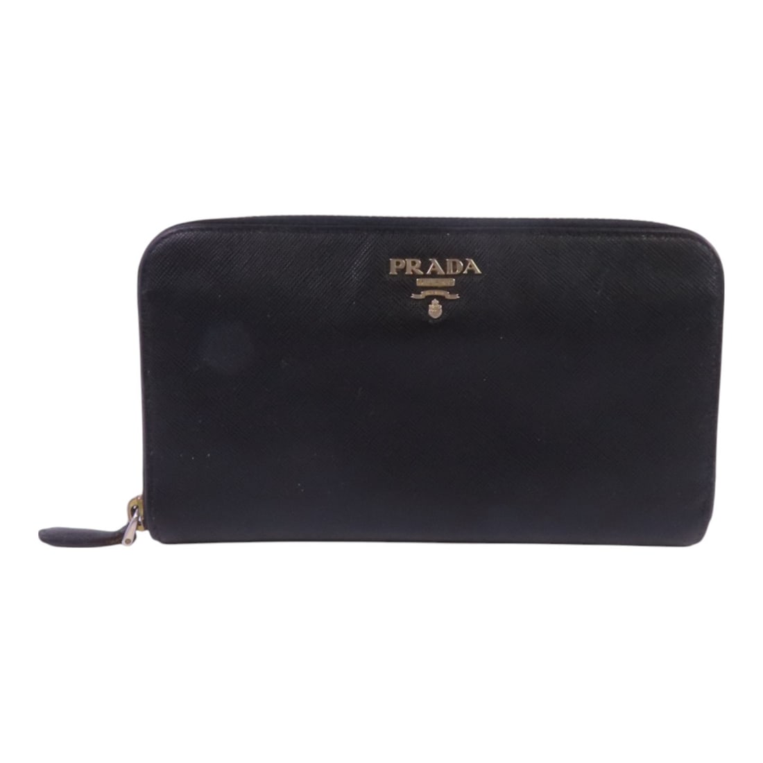 PRADA 1M0506 Saffiano Leather Zip Around Long Wallet Black: PRADA 1M0506 Saffiano Leather Zip Around Long Wallet Black Prada zipper long wallet in black Saffiano leather, model 1M0506. It features a round long wallet design with multiple compartments and a hea