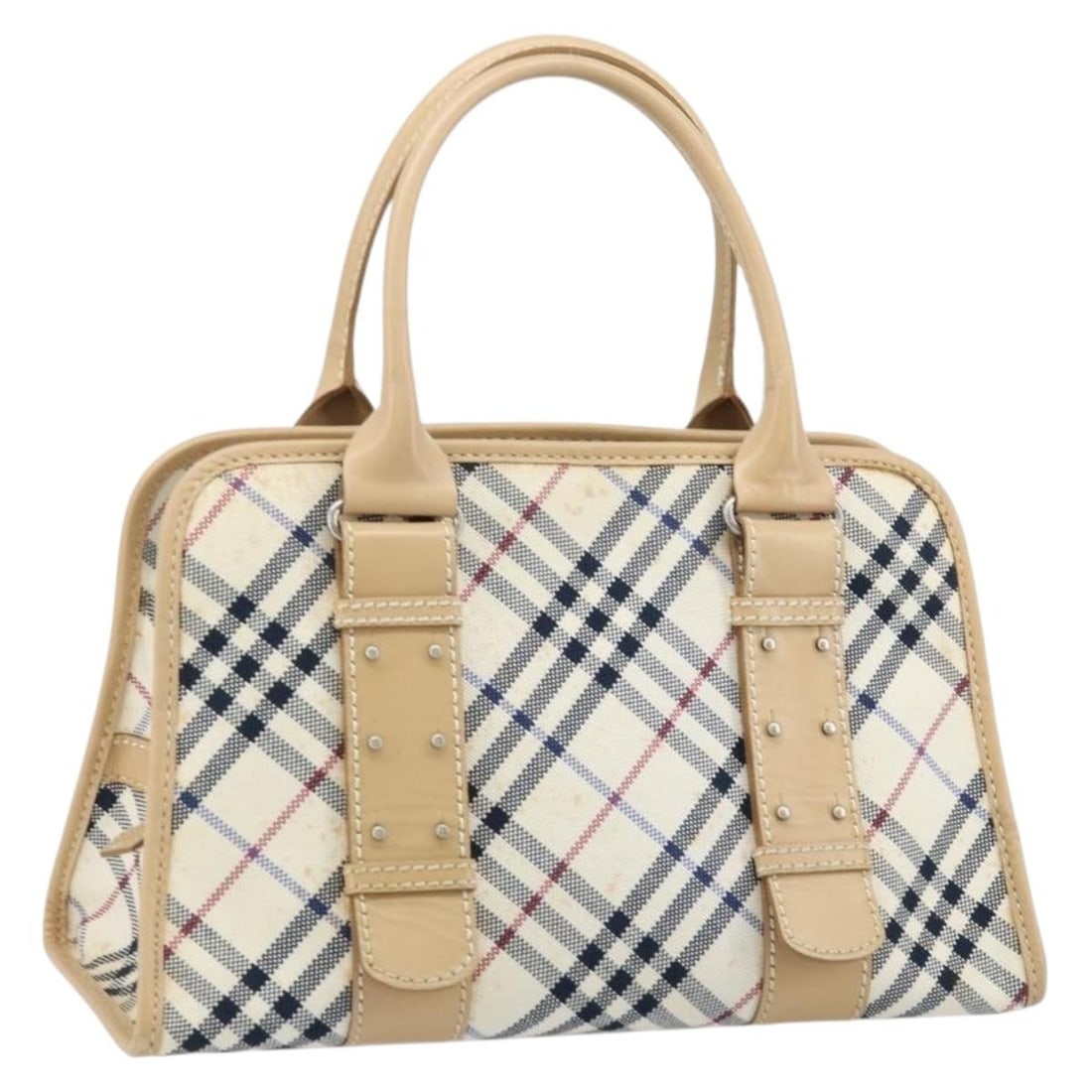 Burberry Blue Label Ivory Silver Canvas Handbag Japan: Burberry Blue Label Ivory Silver Canvas Handbag Japan This BURBERRY Nova Check Blue Label handbag is crafted from canvas in an ivory and silver color scheme. Designed for women, it features a classic 