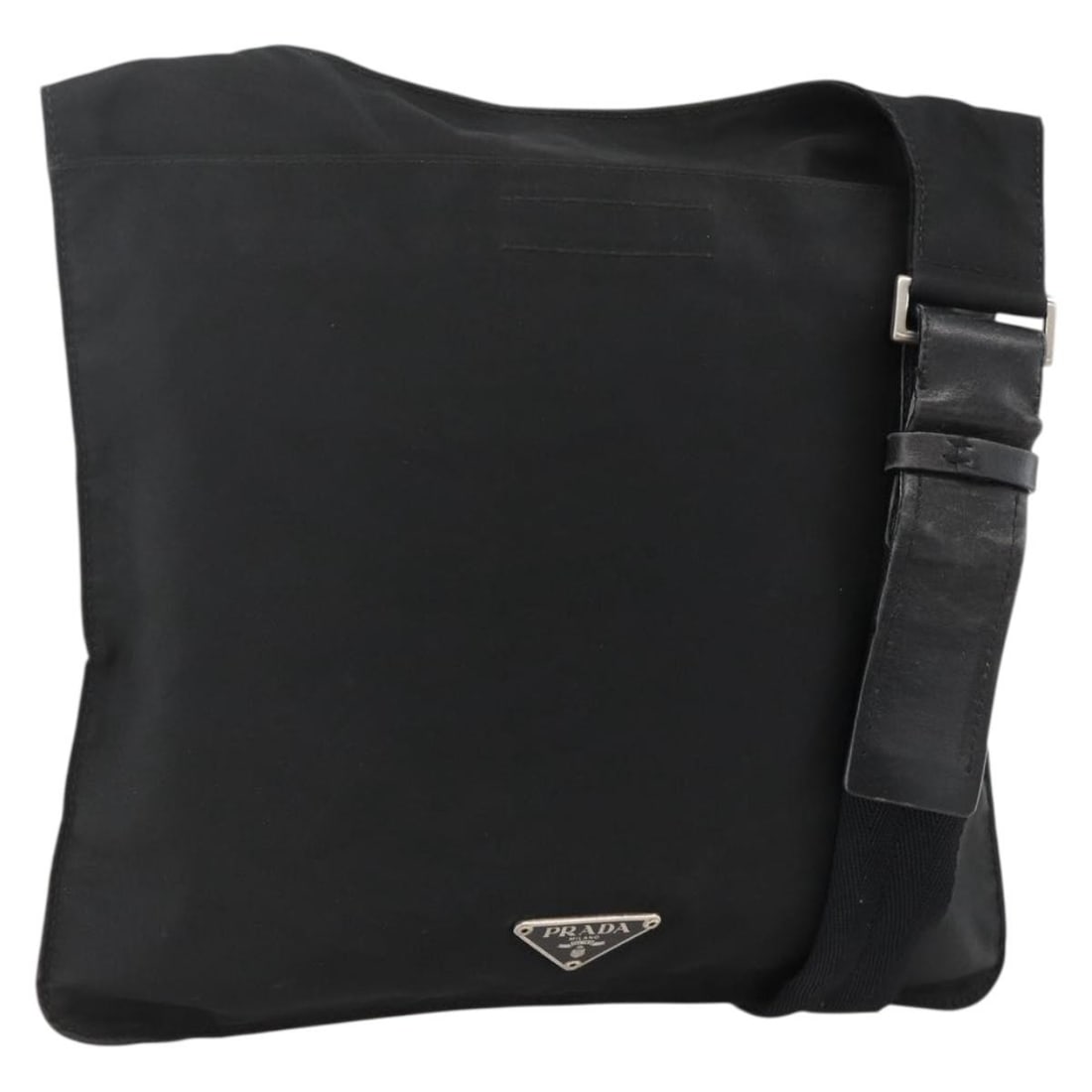 PRADA Nylon Shoulder Bag Black Silver Made in Italy: PRADA Nylon Shoulder Bag Black Silver Made in Italy Black Prada shoulder bag in nylon with silver-tone metal fittings. Made in Italy, it measures approximately W27 cm x H16 cm with a shoulder drop of 