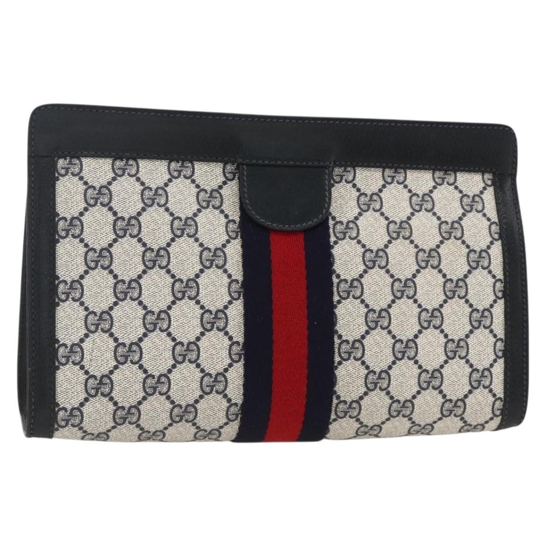 Gucci GG Supreme Navy Red PVC Clutch from Sherry Line 89 01 002: Gucci GG Supreme Navy Red PVC Clutch from Sherry Line 89 01 002 This is a Gucci GG Supreme Sherry Line clutch bag crafted from PVC leather and GG canvas in navy and red. Designed for women, it feature