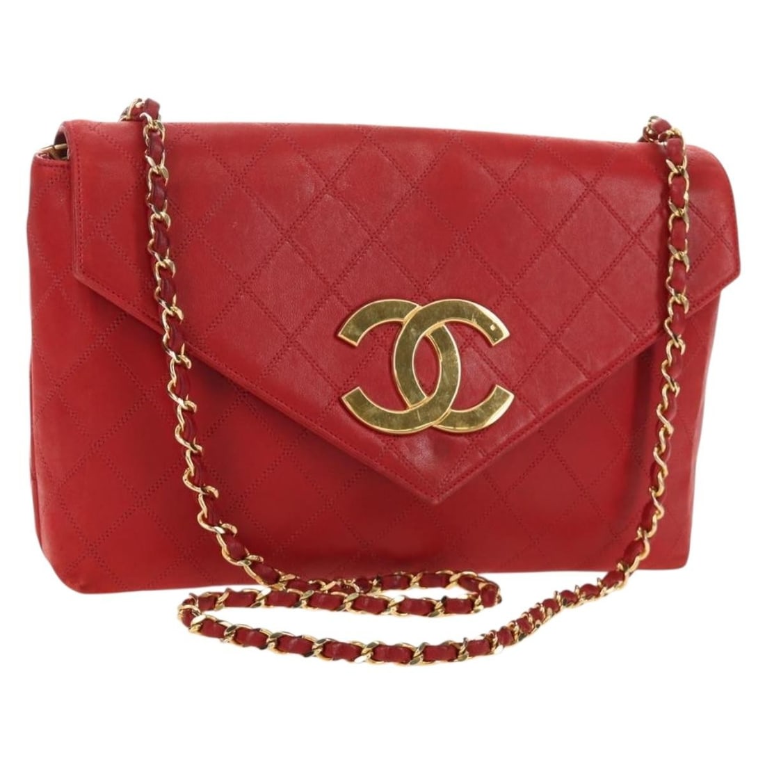 CHANEL Bicolore Lamb Skin Shoulder Bag Red Gold CC: CHANEL Bicolore Lamb Skin Shoulder Bag Red Gold CC CHANEL Bicolore Chain Shoulder Bag in lamb skin with a red and gold exterior. This women's shoulder bag measures approximately 28 cm wide, 18 cm high