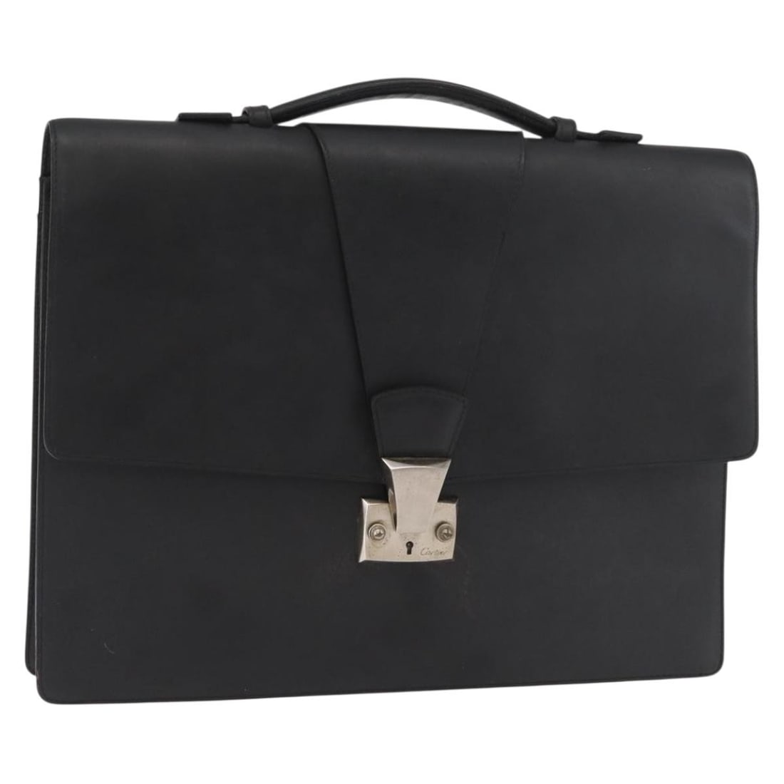 Cartier black leather women's business tote silver accents: Cartier black leather women's business tote silver accents This Cartier business bag is crafted from black leather with silver-tone accents. Designed for women, it features a structured silhouette wit