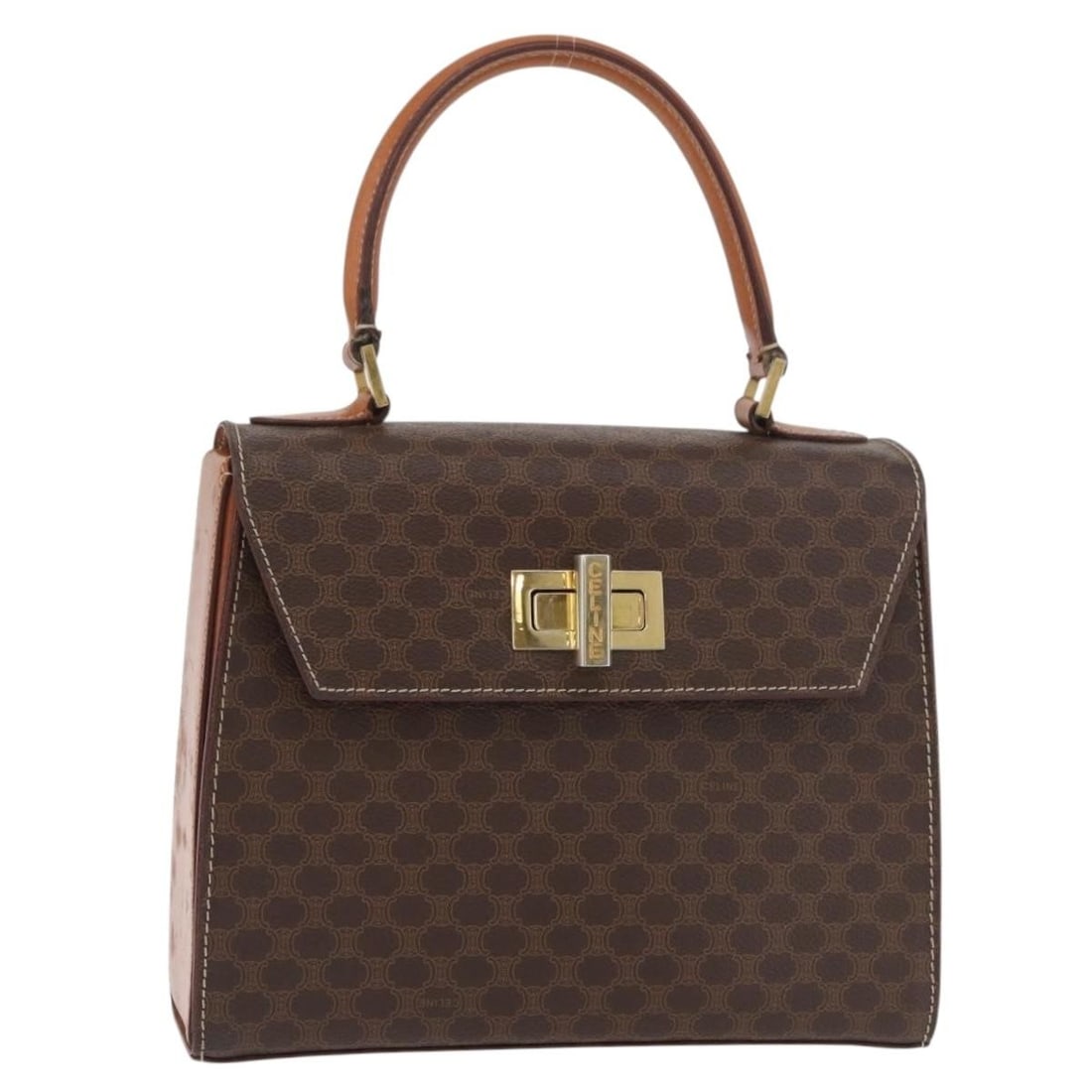 Celine Macadam Brown PVC Leather Handbag Gold Tone Hardware: Celine Macadam Brown PVC Leather Handbag Gold Tone Hardware A CELINE Macadam canvas handbag in brown and gold, made from PVC leather and Macadam canvas. This handbag is made in Italy and comes with on