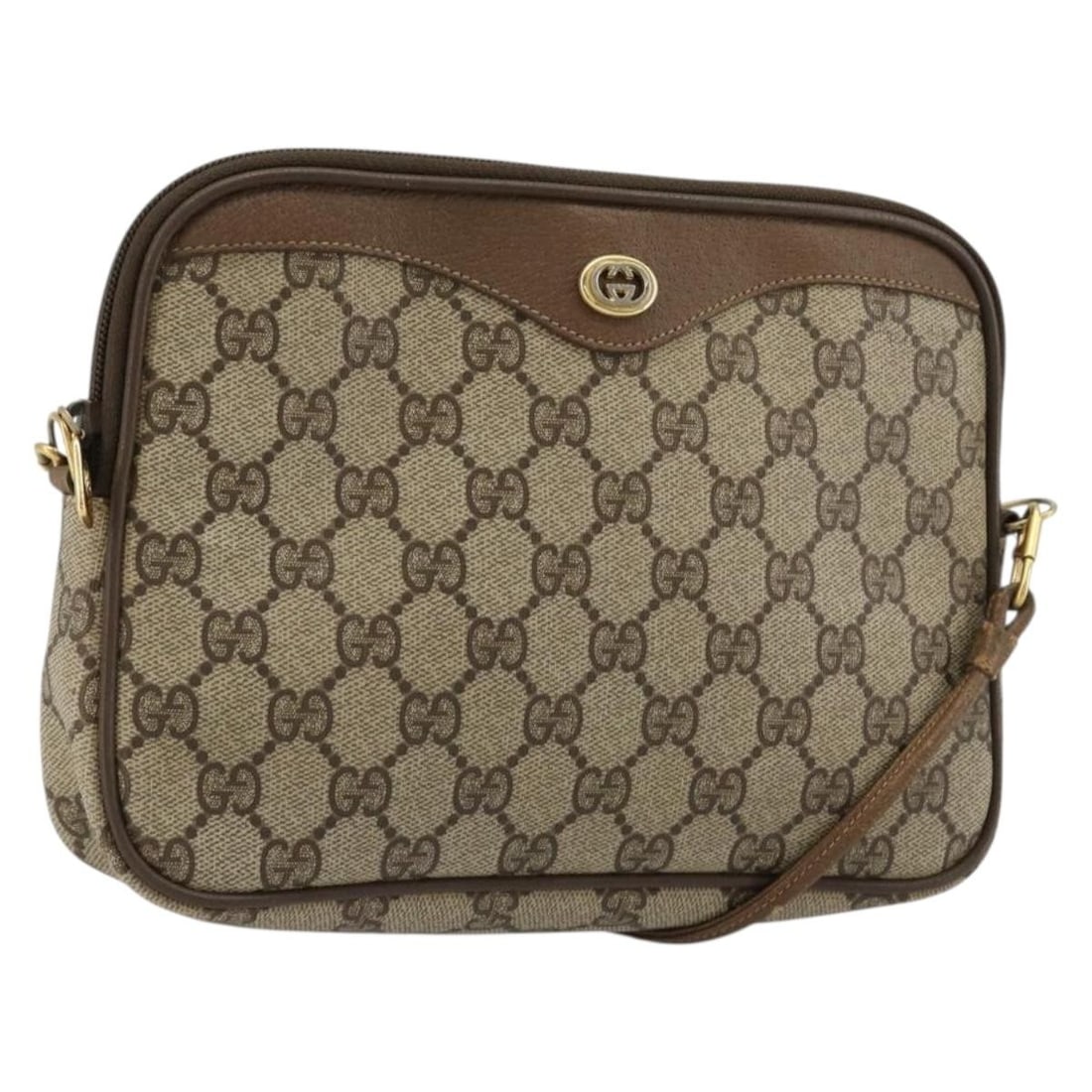 GUCCI 119 02 068 GG Supreme PVC Leather Shoulder Bag Beige Gold: GUCCI 119 02 068 GG Supreme PVC Leather Shoulder Bag Beige Gold Gucci shoulder bag in beige and gold PVC leather/GG canvas, made in Italy. It features a shoulder strap with an approximate 20.5 inch (5