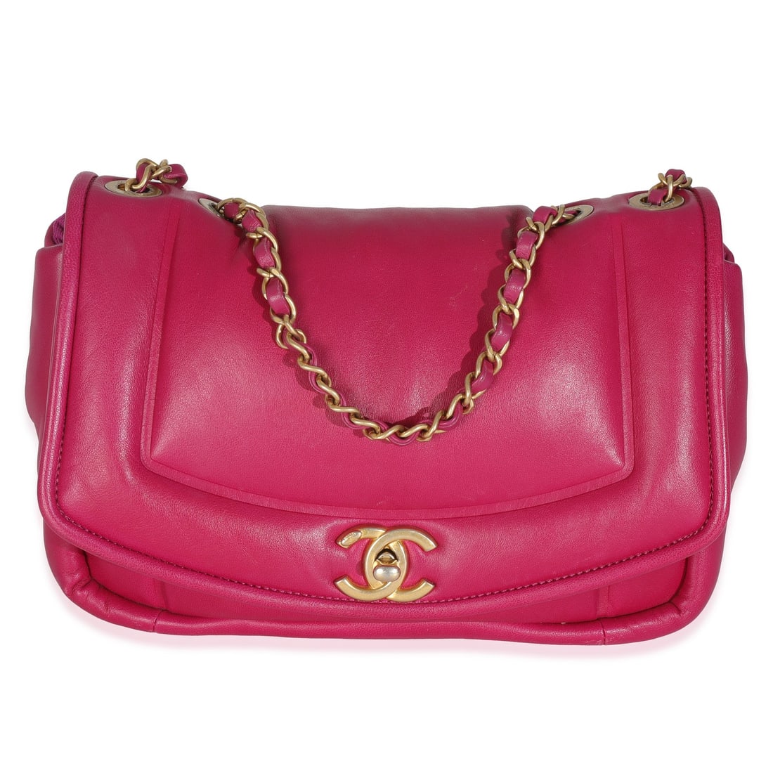 Chanel Medium Flap Bag Dark Pink Lambskin Shoulder Bag: Chanel Medium Flap Bag Dark Pink Lambskin Shoulder Bag A pre-owned Chanel Simply Flap Bag in dark pink lambskin leather, designed as a shoulder bag with a turnlock closure. It features a pink fabric l