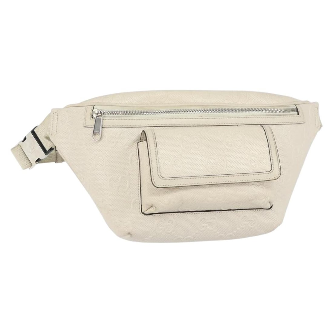 Gucci 645093 GG Canvas Waist Bag White Silver: Gucci 645093 GG Canvas Waist Bag White Silver GUCCI waist bag in white and silver GG Canvas, made in Italy. The bag measures approximately W39 x H17 x D4 cm, with a shoulder strap length of approximat