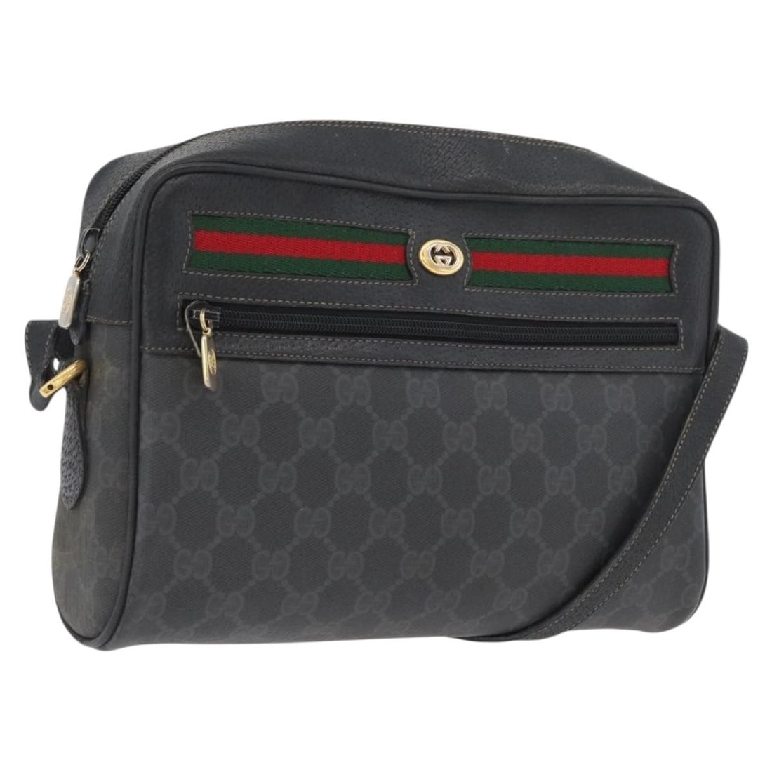 Gucci 72 02 088 Sherry Web GG Supreme PVC Shoulder Bag: Gucci 72 02 088 Sherry Web GG Supreme PVC Shoulder Bag Vintage Gucci shoulder bag from the GG Supreme Web Sherry Line, crafted in PVC leather with GG canvas in black and gold. This women's bag is made