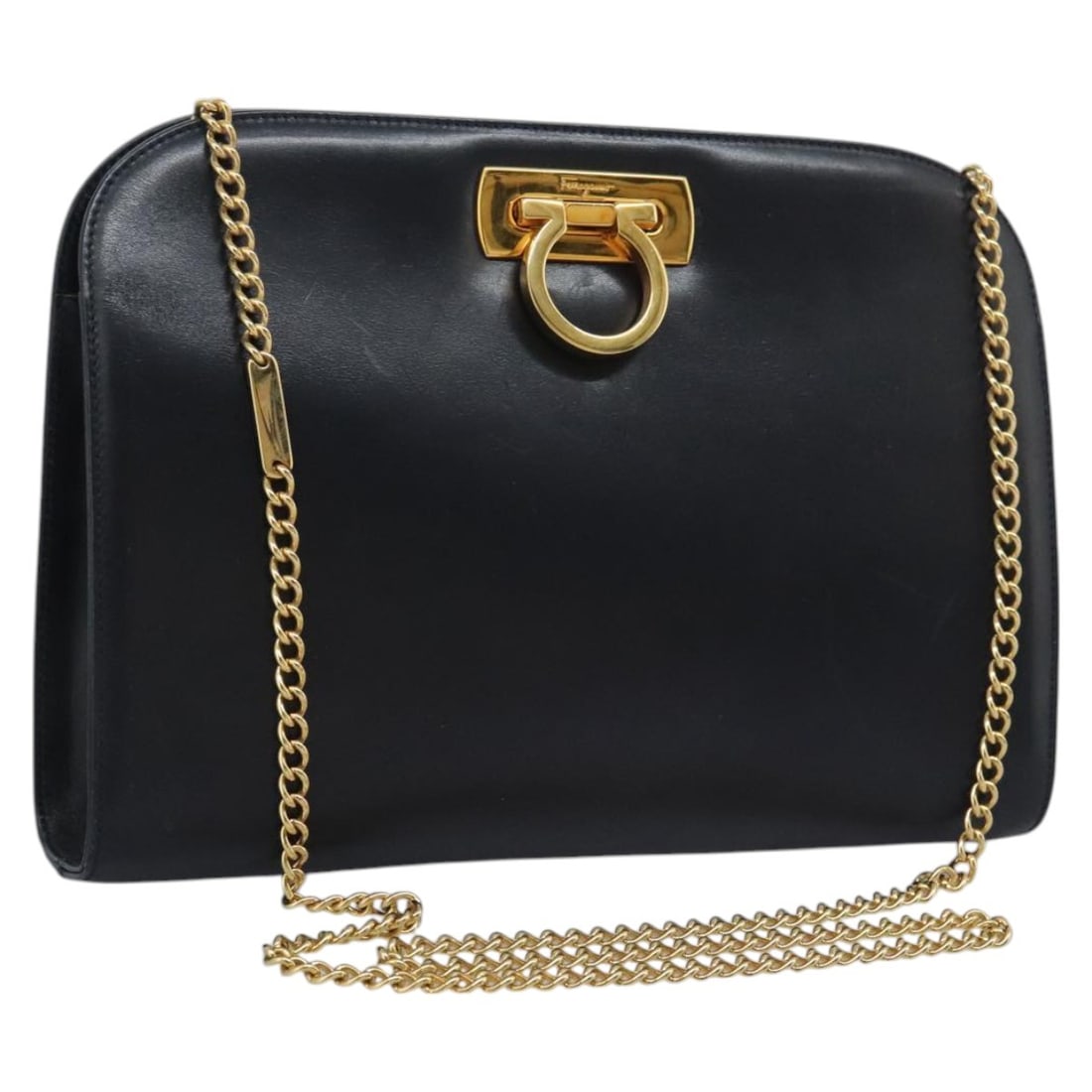 Salvatore Ferragamo leather shoulder bag in navy with Gancini chain: Salvatore Ferragamo leather shoulder bag in navy with Gancini chain Salvatore Ferragamo Gancini chain shoulder bag in navy leather. This women's shoulder bag is made in Italy and includes only the ite