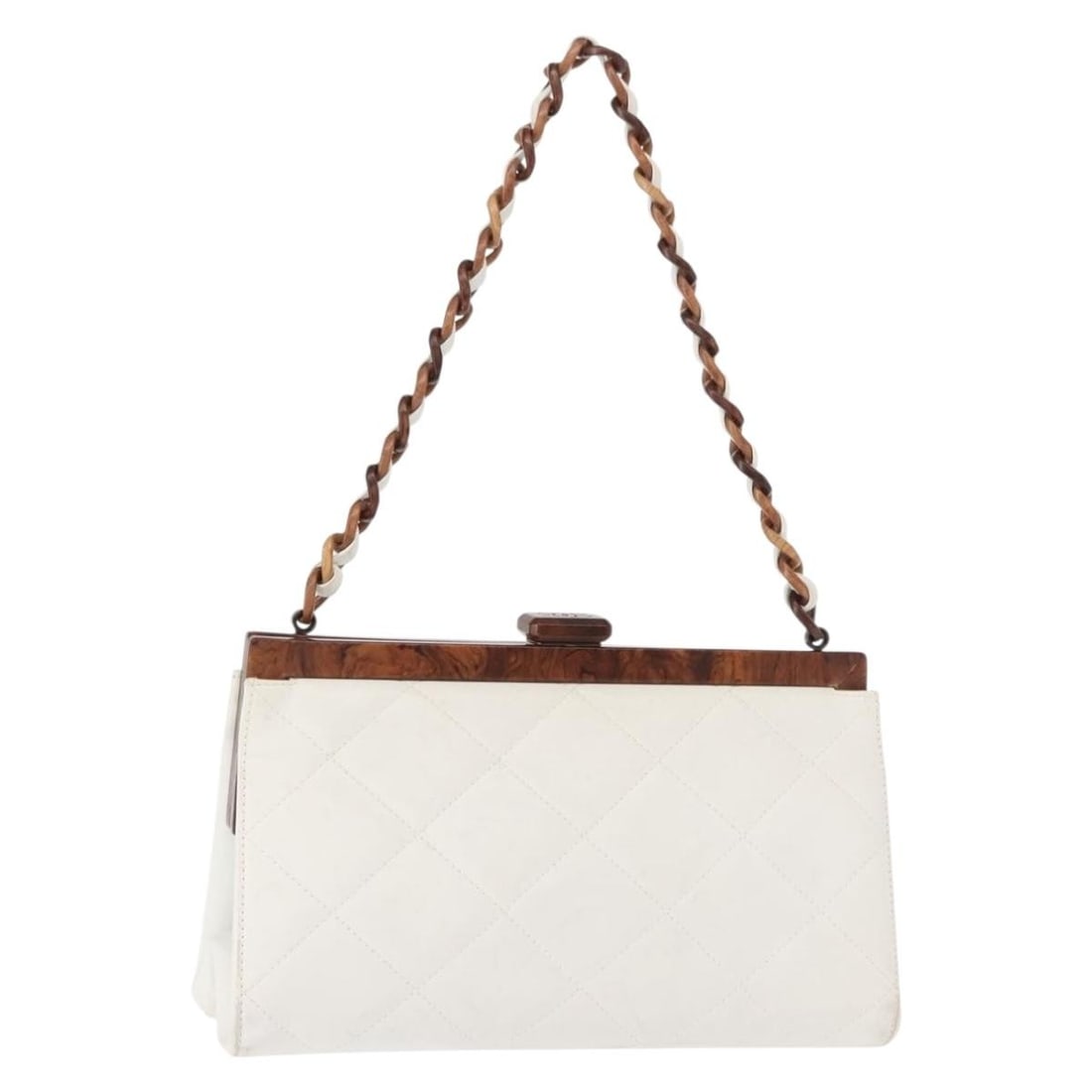 CHANEL White Lamb Skin Shoulder Bag with Wood Chain CC: CHANEL White Lamb Skin Shoulder Bag with Wood Chain CC Chanel shoulder bag in white lamb skin with gold-tone CC detailing and a wood chain strap. Made in Italy, this women's bag has a heavily used con