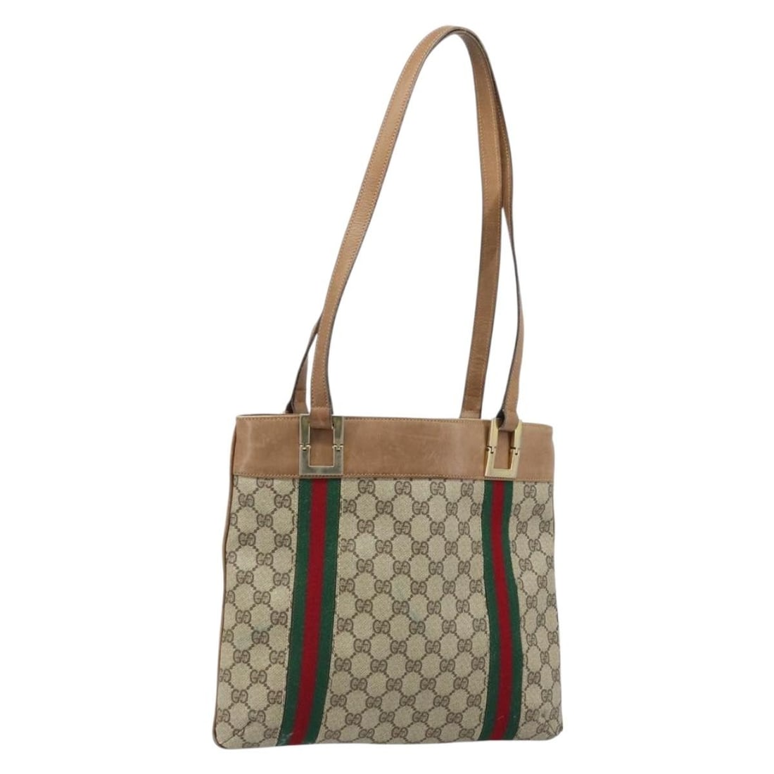 Beige GG Canvas Web Stripe Tote Bag by Gucci Sherry Line: Beige GG Canvas Web Stripe Tote Bag by Gucci Sherry Line This is a Gucci GG Supreme Web Sherry Line tote bag designed for women. Crafted from GG canvas in beige and gold tones, the bag features dual h