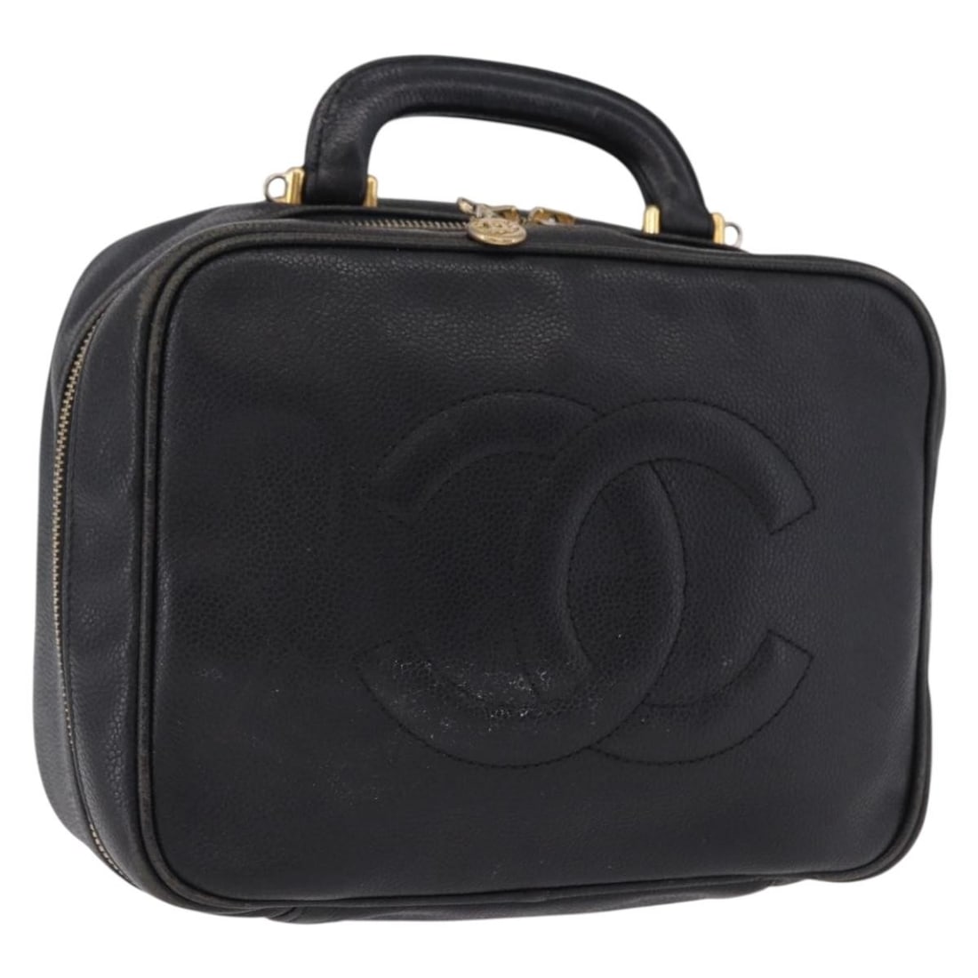 Chanel Coco Mark Black Caviar Skin Vanity Handbag Gold CC: Chanel Coco Mark Black Caviar Skin Vanity Handbag Gold CC Chanel Coco Mark vanity handbag in black/gold Caviar Skin with a grained calf skin finish. Made in Italy, this hand bag features a handle drop