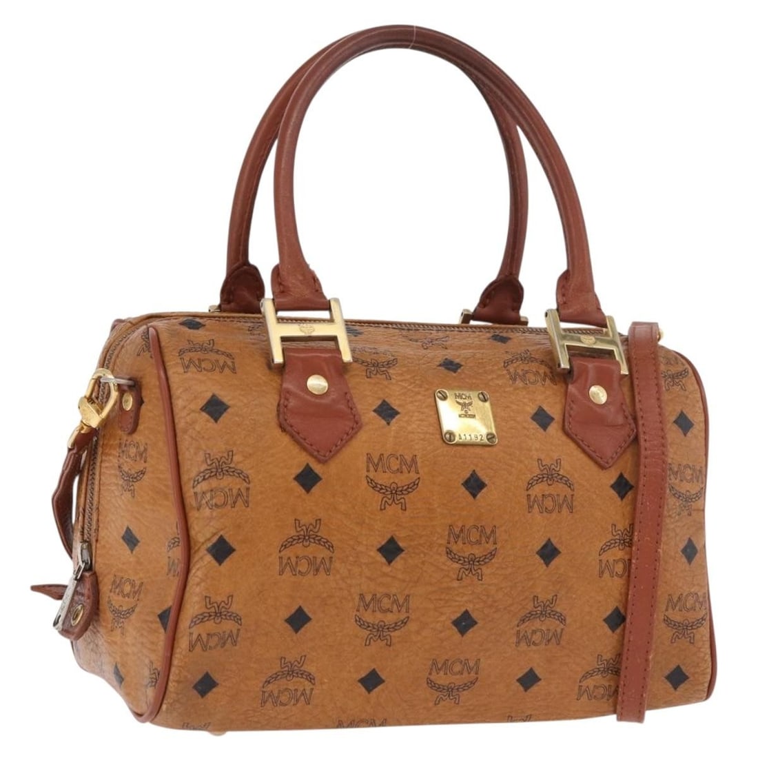 MCM Vicetos 2way Brown PVC Leather Handbag with Shoulder Strap: MCM Vicetos 2way Brown PVC Leather Handbag with Shoulder Strap MCM Vicetos Logogram handbag in brown and gold PVC leather, designed as a 2-way style with a shoulder strap accessory. Made in Germany, i