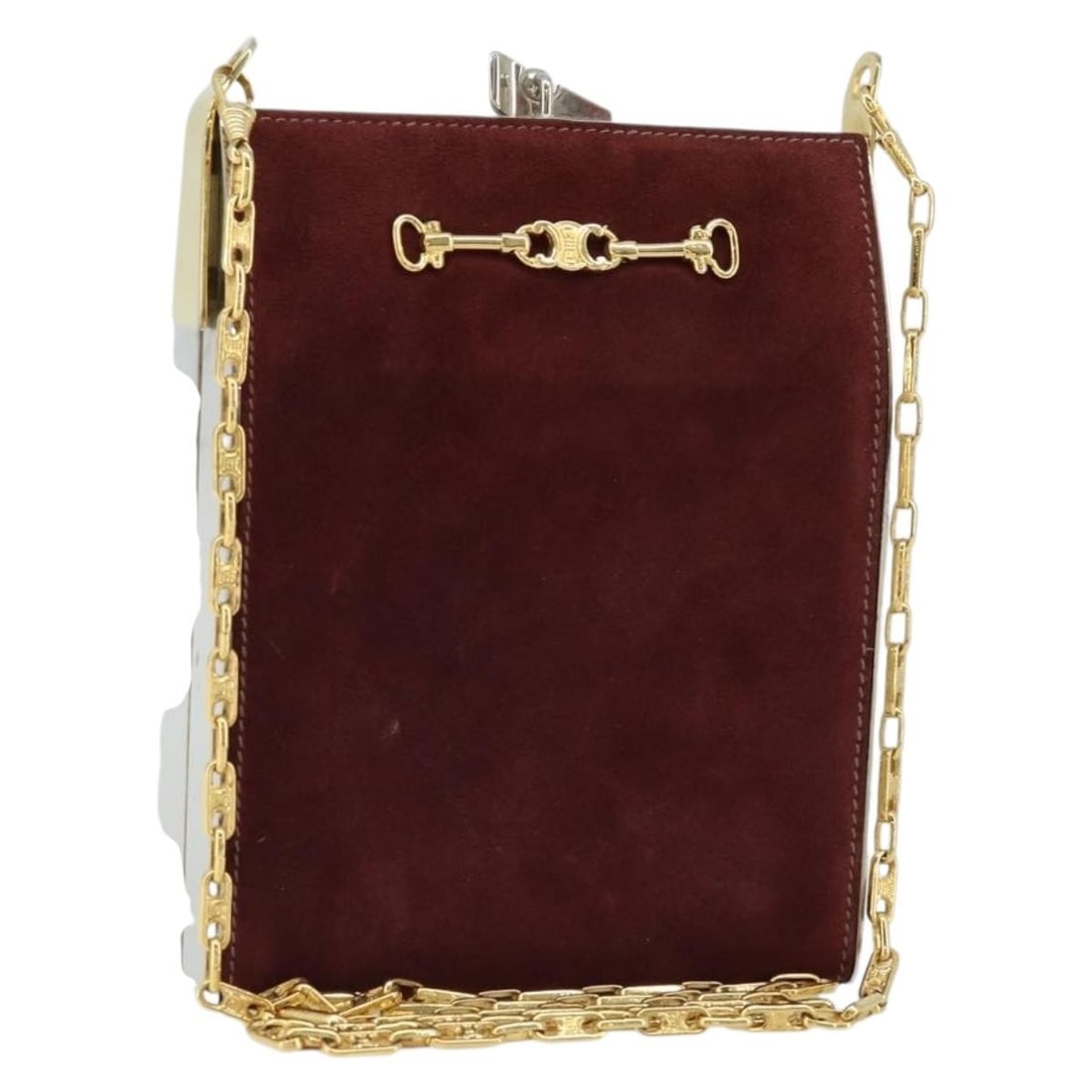 CELINE Horsebit Chain Suede Shoulder Bag Bordeaux Gold Tone: CELINE Horsebit Chain Suede Shoulder Bag Bordeaux Gold Tone Celine Horsebit Chain shoulder bag in bordeaux suede with gold-tone accents. Made in Italy, this women's bag features a compact silhouette a