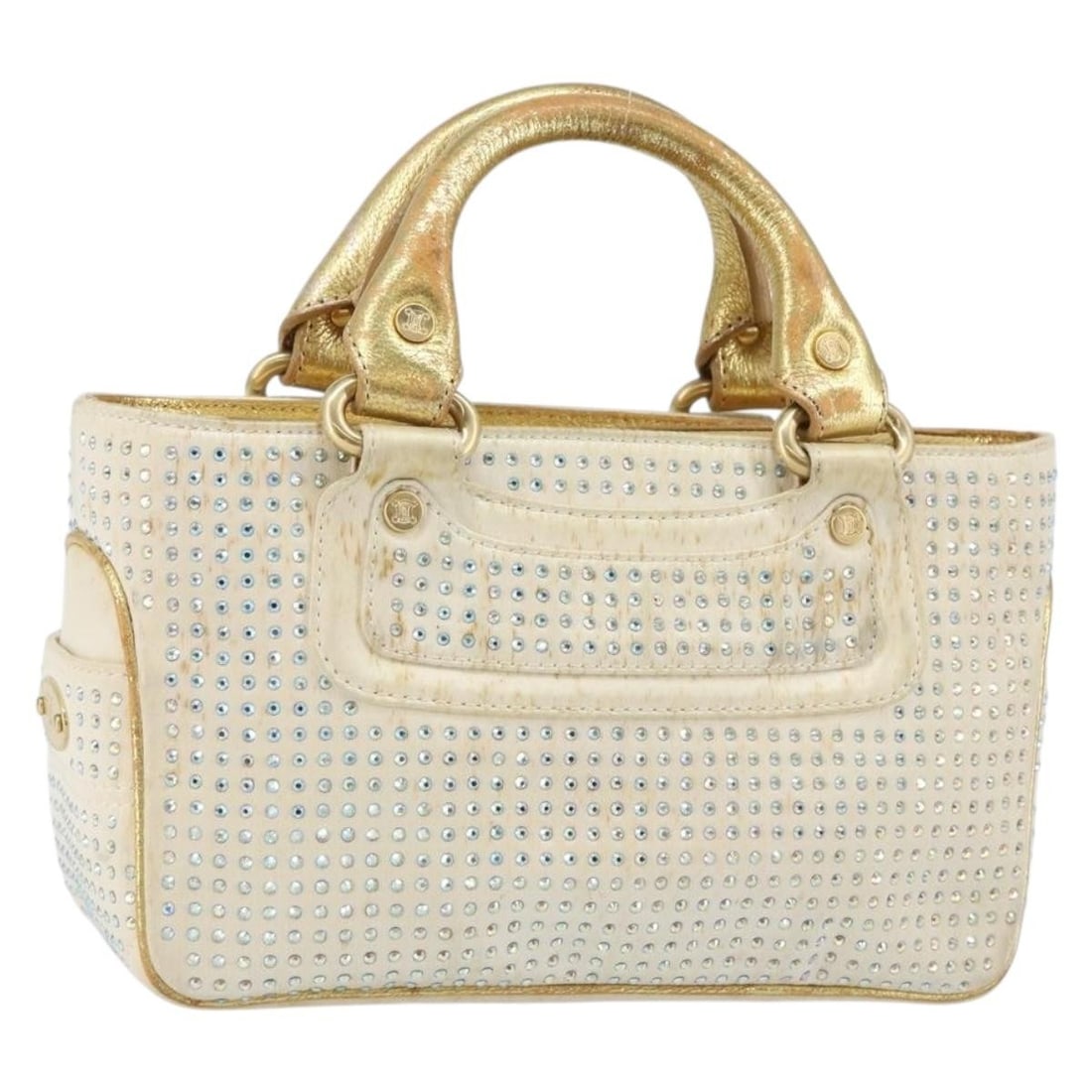 CELINE Beige Gold Satin Hand Bag Made in Italy with Guarantee Card: CELINE Beige Gold Satin Hand Bag Made in Italy with Guarantee Card This exquisite CELINE Hand Bag showcases a luxurious satin exterior in a beautiful beige and gold color palette. Crafted in Italy, th