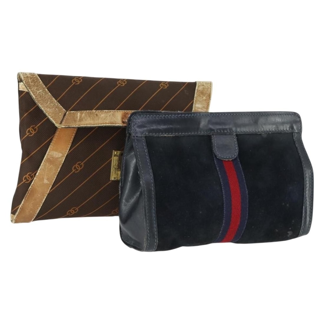 Gucci Sherry Line navy brown canvas clutch bag set: Gucci Sherry Line navy brown canvas clutch bag set This listing features a set of two Gucci Sherry Line clutch bags crafted from navy and brown canvas. Designed for women, these clutches are made in I