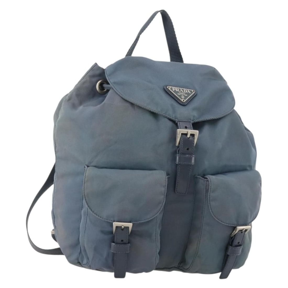 Blue Nylon Backpack by Prada with Silver Accents for Women: Blue Nylon Backpack by Prada with Silver Accents for Women This PRADA backpack is crafted from blue and silver nylon and designed for women. Made in Italy, it features a compact silhouette with practi