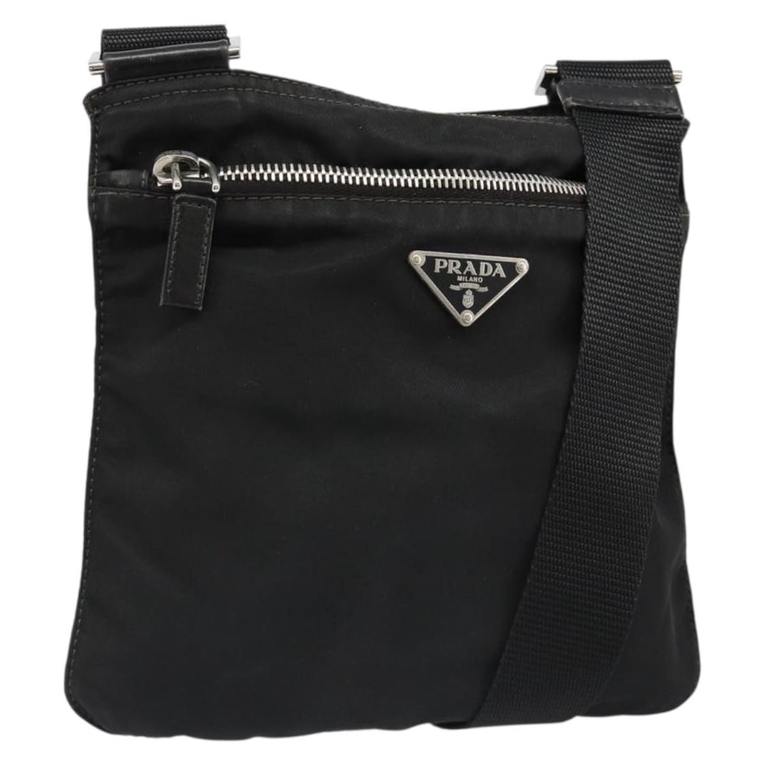 Prada Nylon Shoulder Bag Black Silver with Guarantee Card: Prada Nylon Shoulder Bag Black Silver with Guarantee Card Black and silver Prada shoulder bag in nylon, made in Italy. It comes with a guarantee card and has a shoulder strap drop of approximately 33 