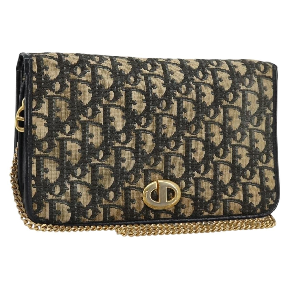 Dior Trotter Canvas Navy Gold Shoulder Bag France: Dior Trotter Canvas Navy Gold Shoulder Bag France This Christian Dior Trotter Canvas chain shoulder bag features a navy and gold color scheme and is crafted from signature Trotter canvas. Designed for