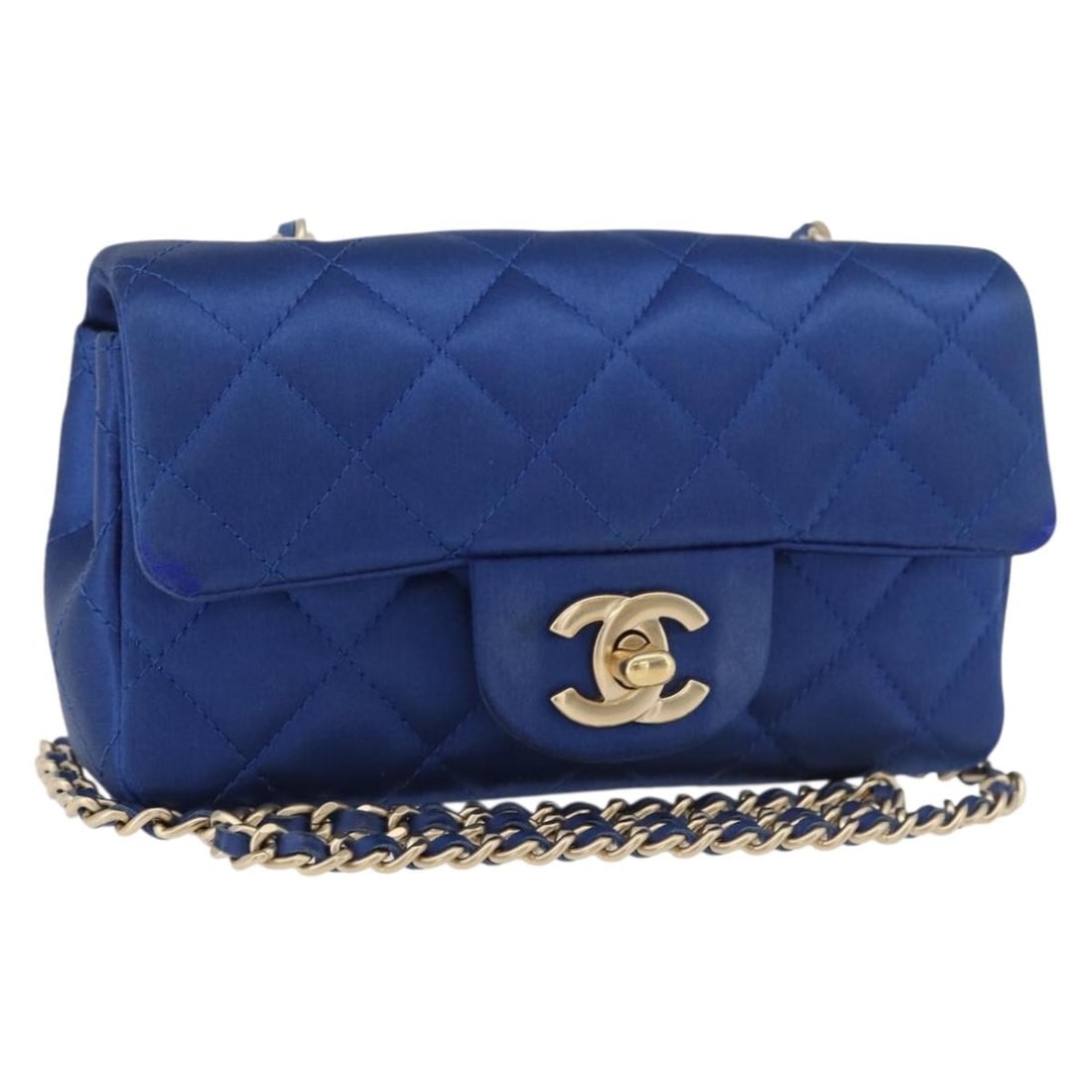 CHANEL Mini Matelasse 17 Satin Shoulder Bag Blue Gold CC: CHANEL Mini Matelasse 17 Satin Shoulder Bag Blue Gold CC CHANEL Chain Mini Matelasse 17 shoulder bag in satin with a blue and gold exterior. Made in Italy, this women's shoulder bag measures approxima