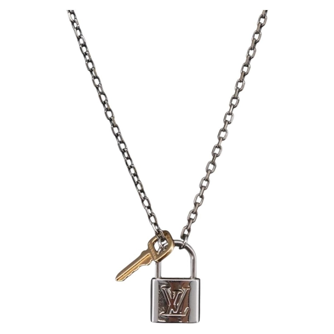 Louis Vuitton M01149 black metal padlock pendant necklace with box dust bag: Louis Vuitton M01149 black metal padlock pendant necklace with box dust bag Louis Vuitton Valentine Padlock necklace in black metal, made in Italy. The necklace has a total length of approximately 56 