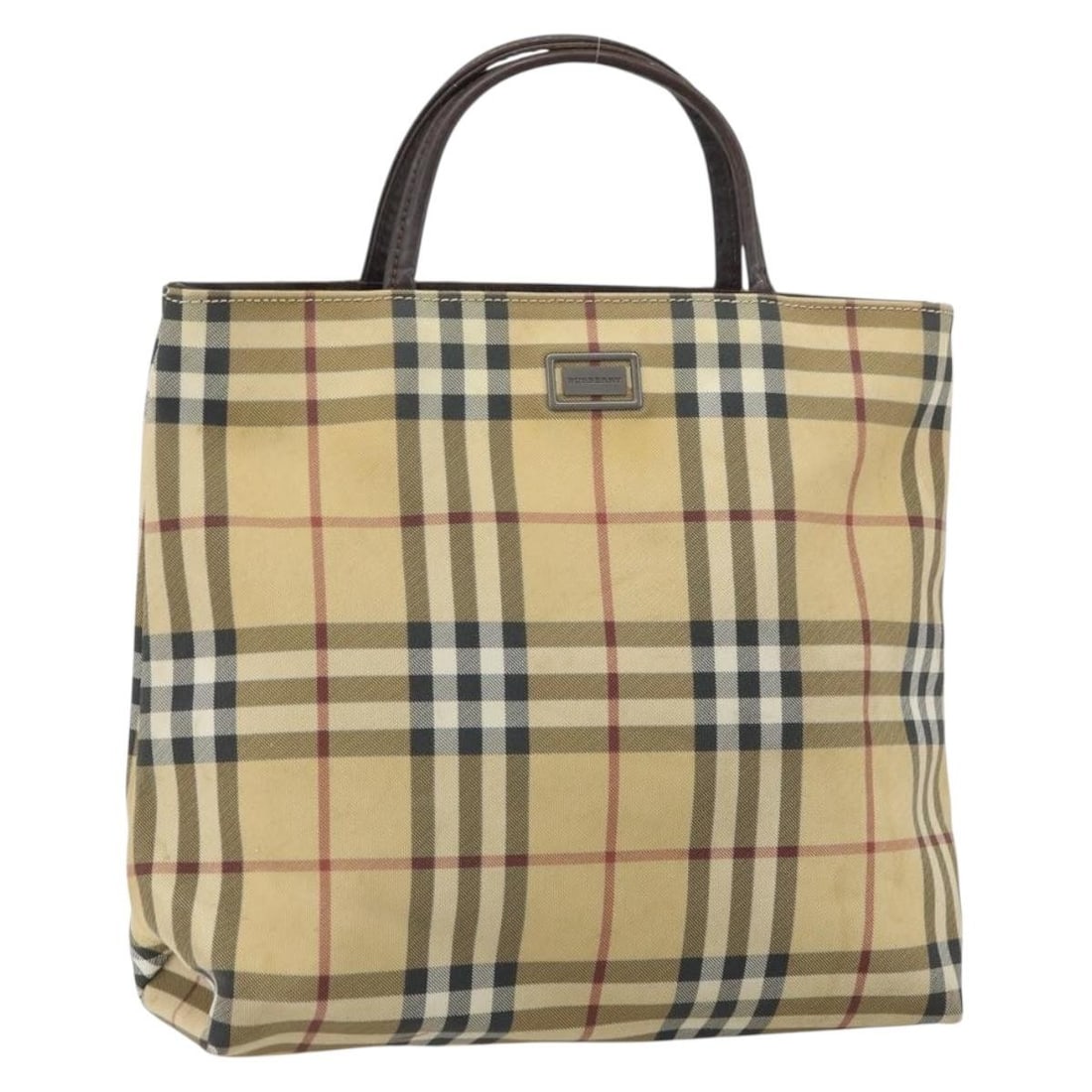 Beige Gold PVC Handbag by Burberry Nova Check Pattern Italy: Beige Gold PVC Handbag by Burberry Nova Check Pattern Italy This Burberry Nova Check handbag features a classic beige and gold color scheme with the iconic check pattern. Crafted from durable PVC leat