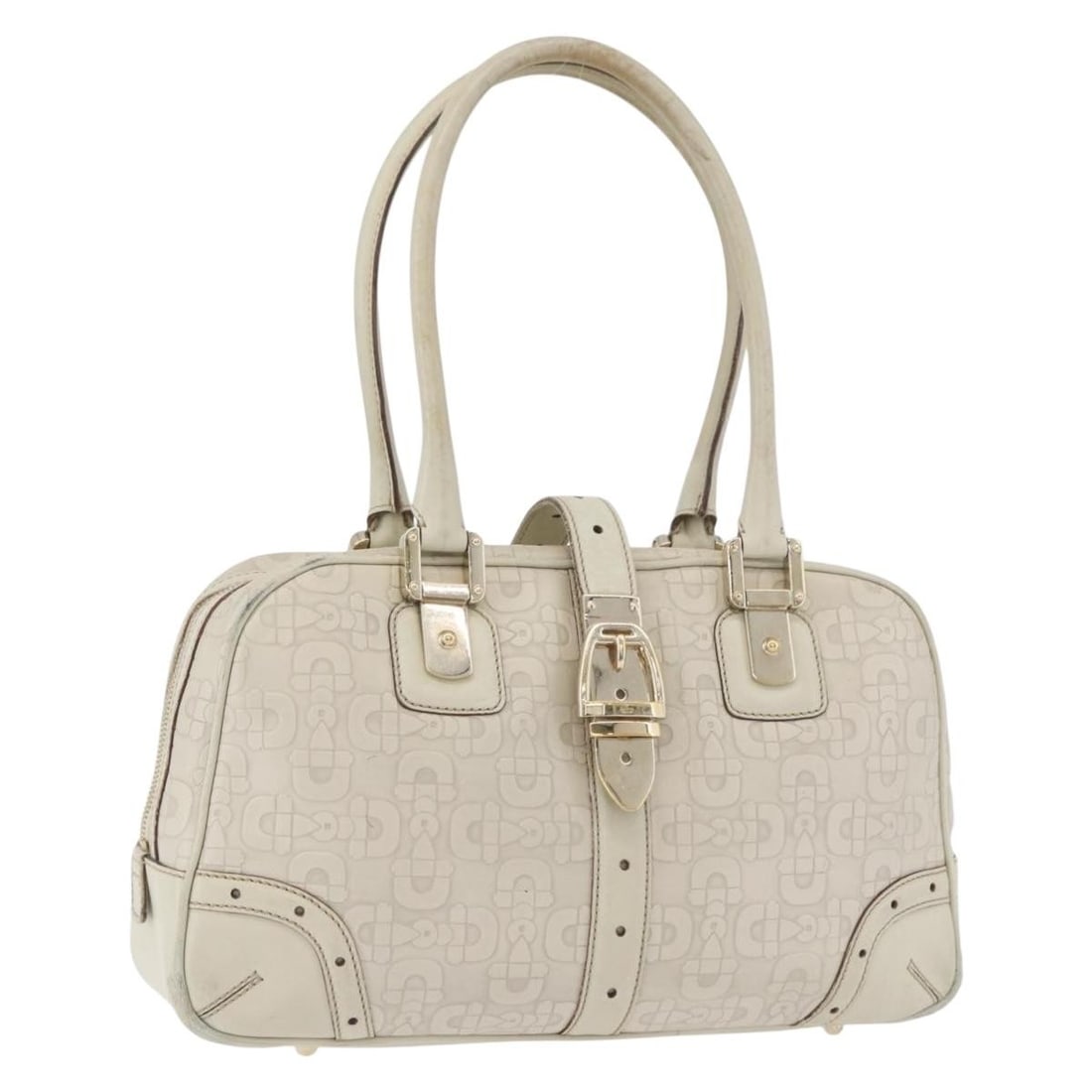 GUCCI 145770 Horsebit Leather Handbag White Gold Tone: GUCCI 145770 Horsebit Leather Handbag White Gold Tone Gucci Horsebit hand bag in leather with a white and gold color scheme, made in Italy. It features a handle drop of approximately 23 cm and measure