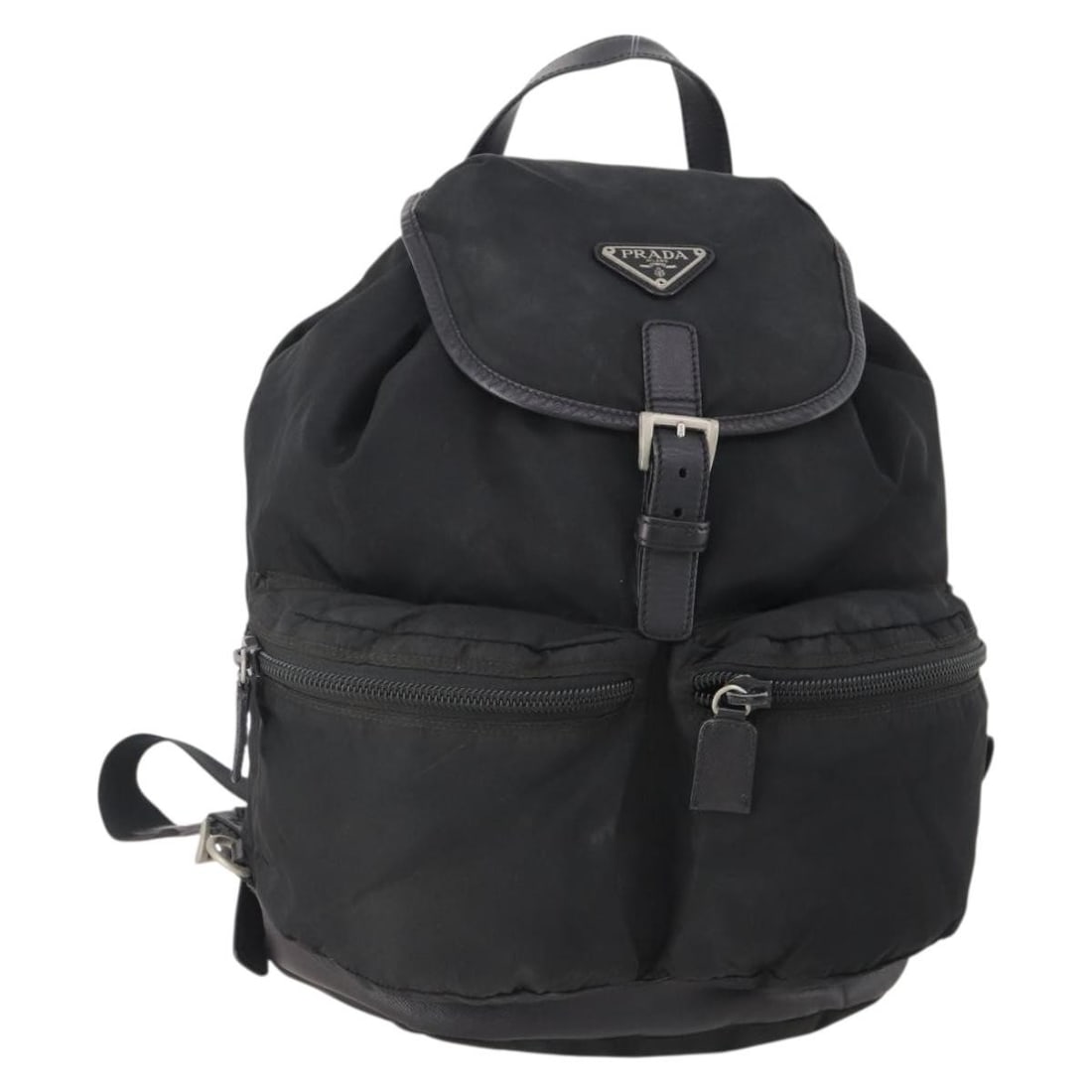 Black Nylon Backpack by PRADA with Silver Accents for Women: Black Nylon Backpack by PRADA with Silver Accents for Women This PRADA women's backpack is crafted from black nylon with silver-tone accents. Made in Italy, the bag features a spacious design with app