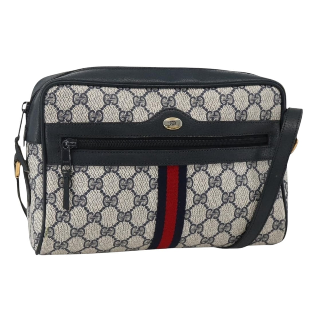 Gucci Sherry Line Navy Gold PVC Leather Shoulder Bag: Gucci Sherry Line Navy Gold PVC Leather Shoulder Bag This Gucci GG Supreme Sherry Line shoulder bag features a navy and gold color scheme and is crafted from PVC leather and GG canvas. Designed for wo