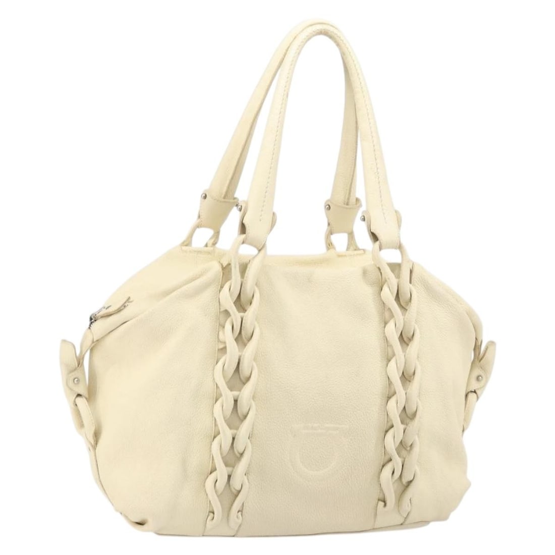 Salvatore Ferragamo Gancini Ivory and Silver Leather Tote with Pouch: Salvatore Ferragamo Gancini Ivory and Silver Leather Tote with Pouch This Salvatore Ferragamo Gancini tote bag features a silver and ivory leather exterior with a spacious design. The bag includes a p