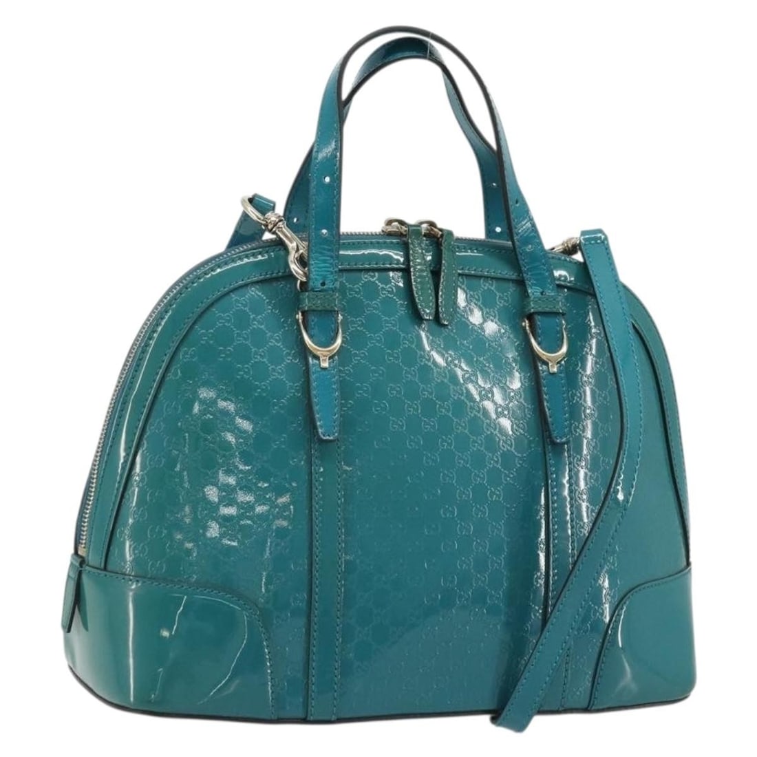 Gucci Turquoise Blue Patent Leather Micro GG Canvas Handbag 2way 309617: Gucci Turquoise Blue Patent Leather Micro GG Canvas Handbag 2way 309617 This Gucci Micro GG Canvas and patent leather handbag features a vibrant turquoise blue and silver color scheme. Designed for ve