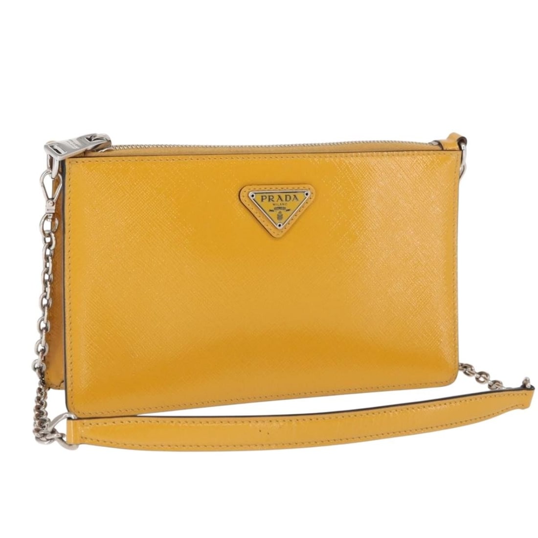 PRADA Saffiano Leather Shoulder Bag Yellow Silver Chain Strap: PRADA Saffiano Leather Shoulder Bag Yellow Silver Chain Strap Prada chain shoulder bag in yellow and silver Saffiano leather, made in Italy. It comes with a guarantee card and has a shoulder strap dro