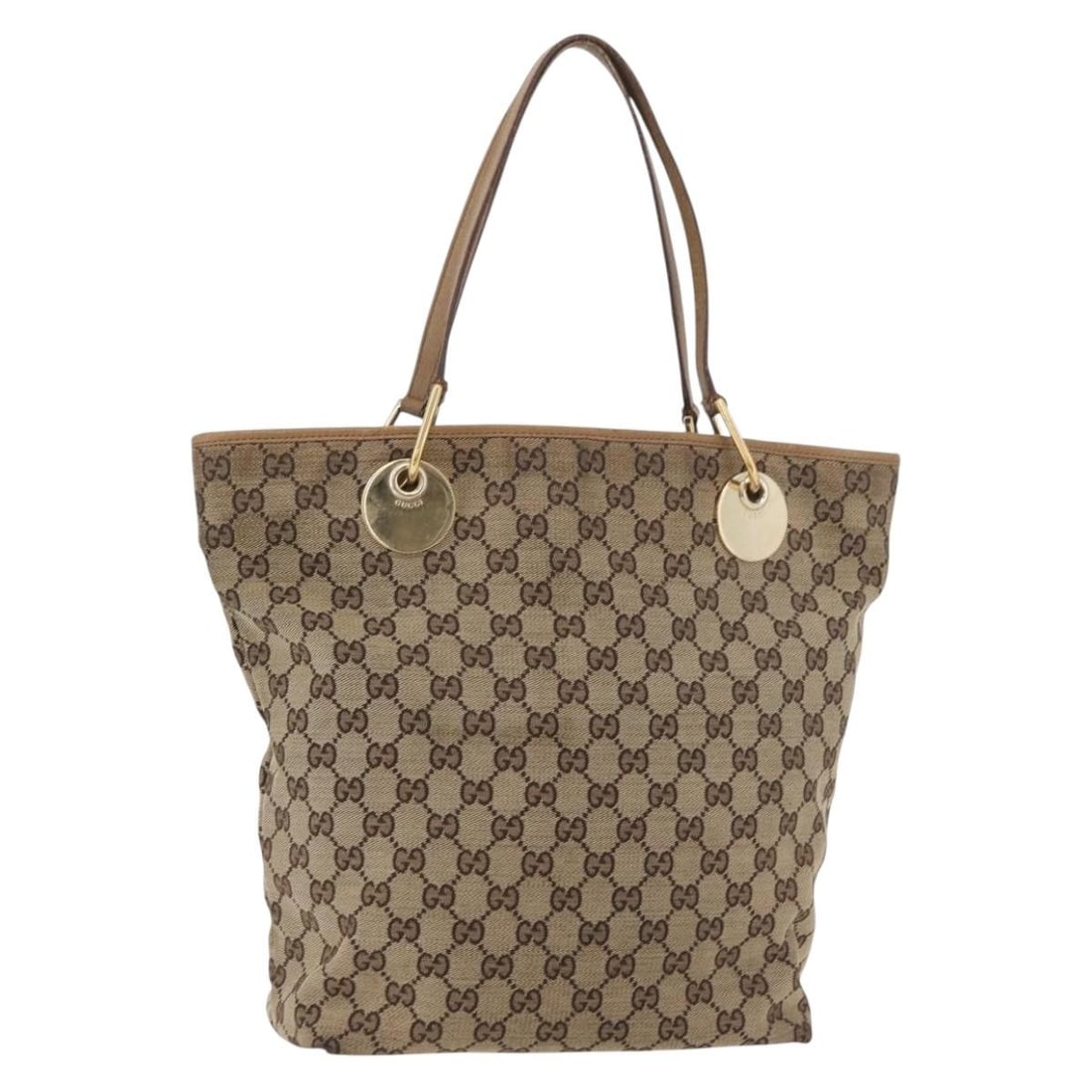 Gucci Beige Gold GG Canvas Tote 120836 Italy Women: Gucci Beige Gold GG Canvas Tote 120836 Italy Women This Gucci GG Canvas tote bag features a beige and gold color scheme and is crafted from GG Canvas material. Designed for women, it offers a spacious