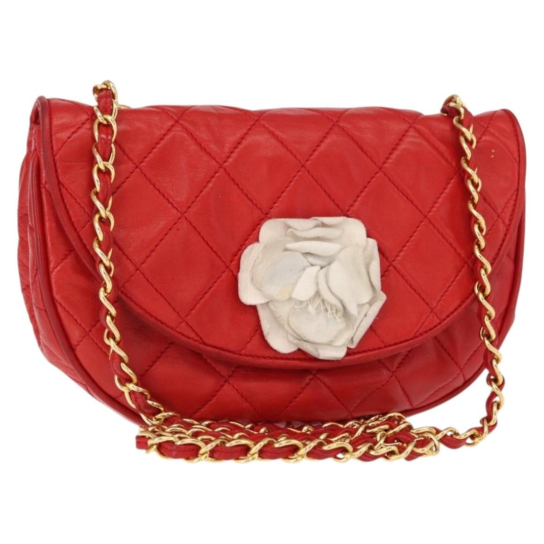 CHANEL Matelasse Camellia Red Gold Lamb Skin Shoulder Bag Authentic 154769: CHANEL Matelasse Camellia Red Gold Lamb Skin Shoulder Bag Authentic 154769 This CHANEL Matelasse Camellia Chain Shoulder Bag is a stunning accessory crafted from luxurious lamb skin in a vibrant red a