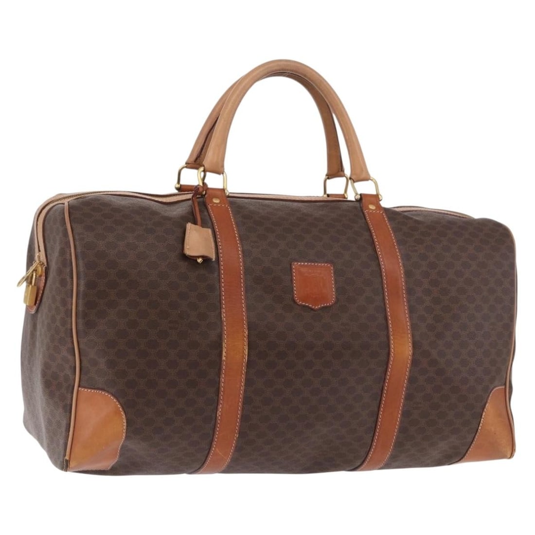 Celine Macadam Boston Bag Brown PVC Leather with Padlock Key Clochette: Celine Macadam Boston Bag Brown PVC Leather with Padlock Key Clochette Brown and gold CELINE Boston bag in PVC leather and Macadam canvas. Made in Italy, it comes with a padlock, two keys, and a cloch