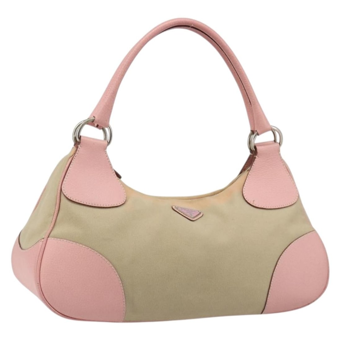 PRADA BA13510A Beige Canvas Handbag Silver Tone Italy: PRADA BA13510A Beige Canvas Handbag Silver Tone Italy Beige and silver Prada handbag in canvas, made in Italy. The bag measures approximately W39 cm x H18 cm x D14 cm, with a handle drop of approximat