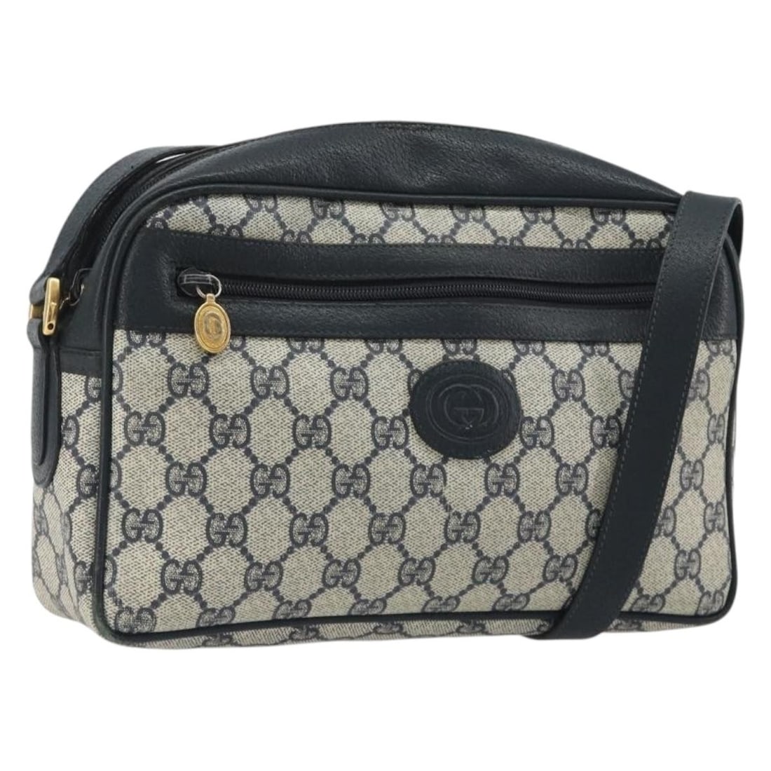 Gucci 001 56 0942 GG Supreme PVC Leather Shoulder Bag Navy Gold: Gucci 001 56 0942 GG Supreme PVC Leather Shoulder Bag Navy Gold Gucci shoulder bag in navy and gold, made from PVC leather and GG canvas. It features a shoulder strap with an approximate drop of 53 to
