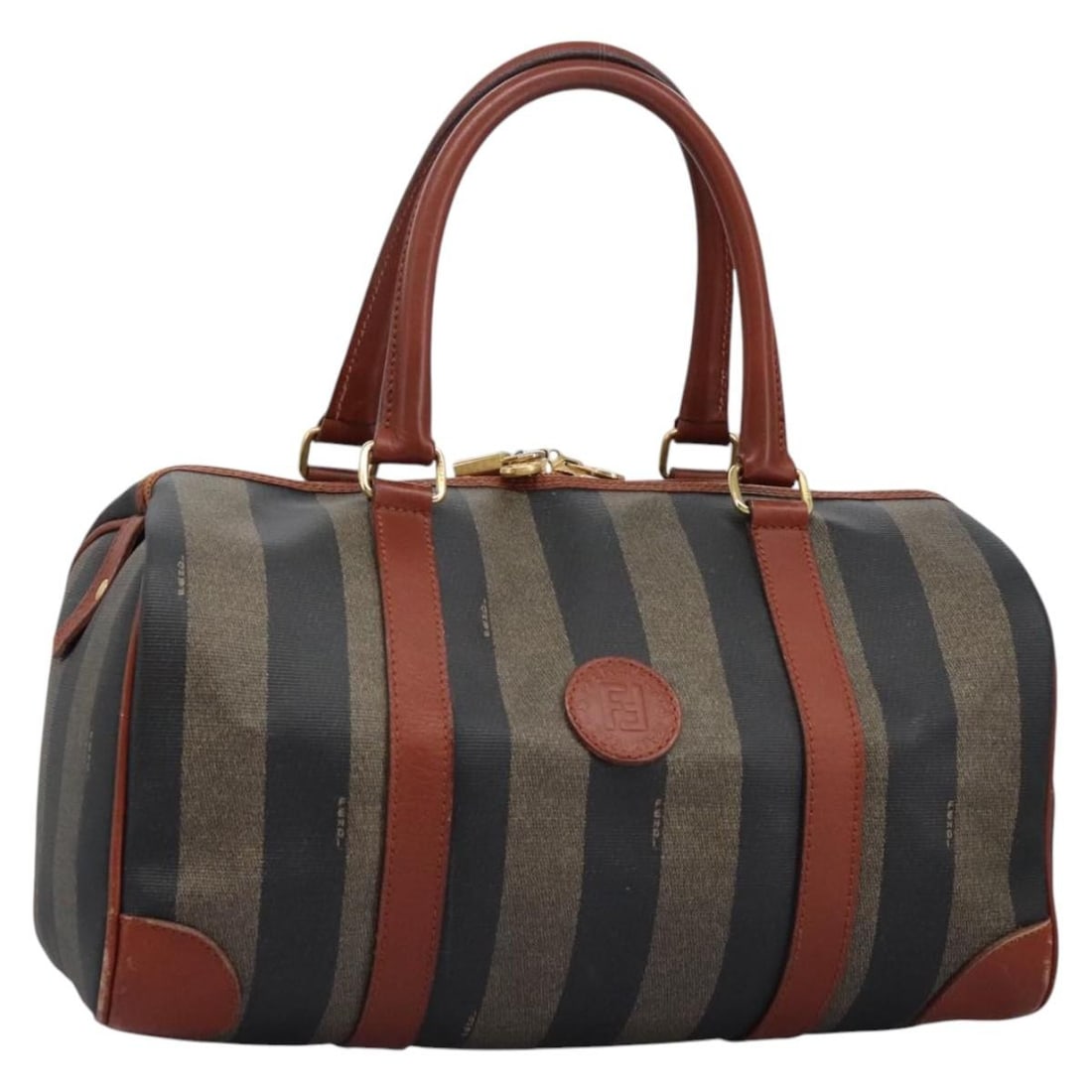 Fendi Pequin Canvas Black Brown Boston Bag with Padlock and Keys: Fendi Pequin Canvas Black Brown Boston Bag with Padlock and Keys This FENDI Boston bag features the signature Pequin canvas in black and brown tones. Designed for women, it offers a spacious interior 