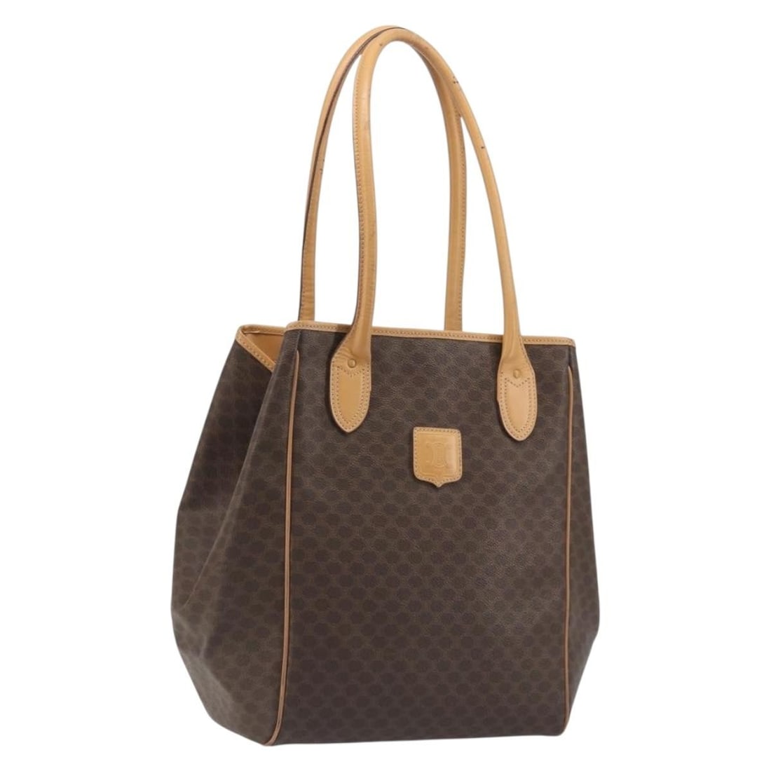 CELINE Macadam Canvas Tote Handbag Brown PVC Leather Gold Tone: CELINE Macadam Canvas Tote Handbag Brown PVC Leather Gold Tone A brown and gold tone CELINE tote bag made from PVC leather and Macadam canvas. It features a structured tote style with a 25 cm handle d